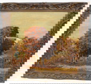 Victorian carved walnut frame with leaf & acorn motif with as found oil on canvas landscape -