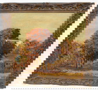 Victorian carved walnut frame with leaf & acorn motif with as found oil on canvas landscape -: Victorian carved walnut frame with leaf & acorn motif with as found oil on canvas landscape - overall frame size - 32 1/2"x33 1/2"