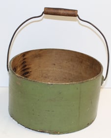 Antique bail handled pantry box in green paint - 5 1/2" tall x 9" diam