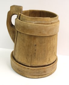 Antique wooden piggin w wooden lapped bands - 9 1/2" tall x approx 6" diam