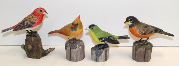 Lot of 4 Birdhug wooden painted birds on stumps - 4"-5 1/2" tall