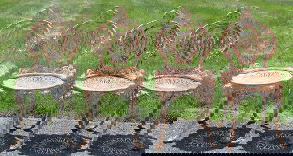 Set of 4 ca 1890 cast iron garden chairs signed "Atlanta Stoveworks" - minor surface rust - no: Set of 4 ca 1890 cast iron garden chairs signed "Atlanta Stoveworks" - minor surface rust - no breaks - 31" tall w 14" seat height x 14 1/2" wide