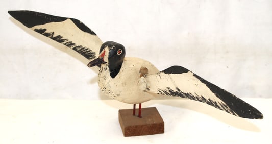 Folky wooden painted shorebird decoy w spread wings - 8" tall x 18" wide x 11" deep