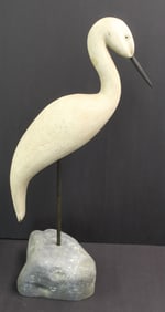 Large wooden painted white bird decoy w glass eyes on stand - signed John Jewel of Maine - 24" tall