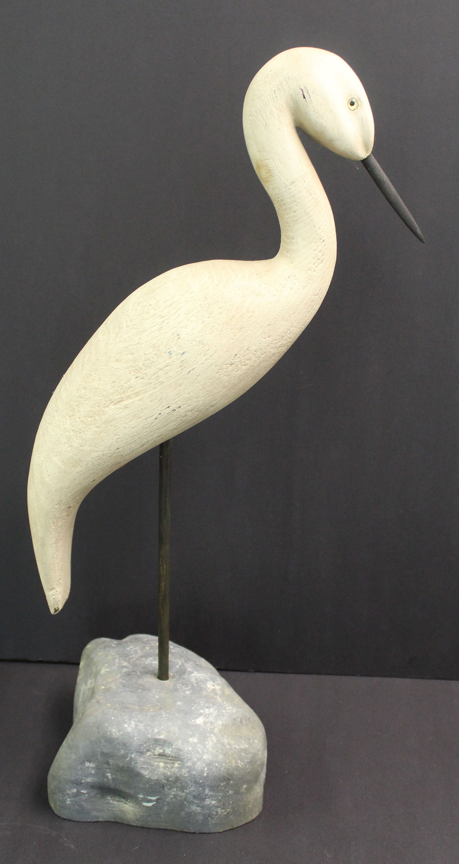 Large wooden painted white bird decoy w glass eyes on stand - signed John Jewel of Maine - 24" tall (1 of 8)