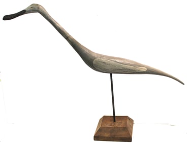 Large wooden painted gray bird decoy on stand made by John Jewel of Maine - 28" tall x 48" long
