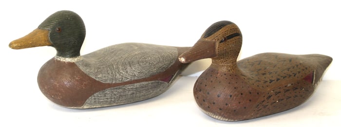 Pair of wooden painted duck decoys signed C. Colby - 1 dated '89 - 7" tall x 15" long