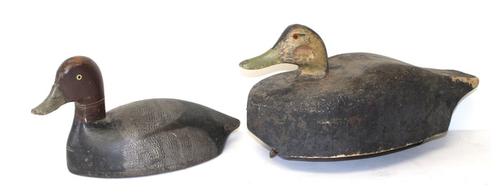 Lot of 2 wooden painted duck decoys - 1 w broken head - 8 1/2"x18" & 7 1/4"x14"