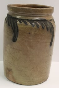 Antique stoneware jar w cobalt decoration around top - 8 1/2" tall x 5" diam