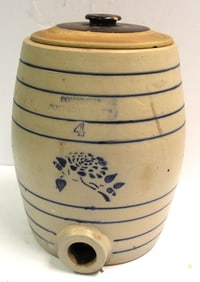 Antique stoneware 4 gal water cooler w cobalt dec - 14 1/2" tall x approx 11" diam