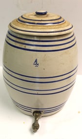 Antique stoneware 4 gal water cooler w cobalt stripes & spigot - 14 1/2" tall x approx 11" diam