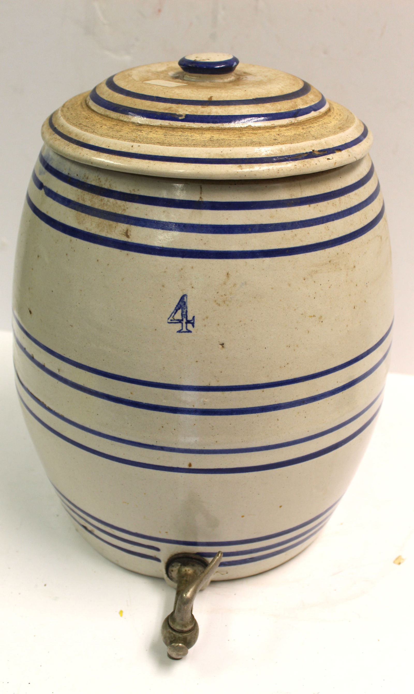 Antique stoneware 4 gal water cooler w cobalt stripes & spigot - 14 1/2" tall x approx 11" diam (1 of 5)