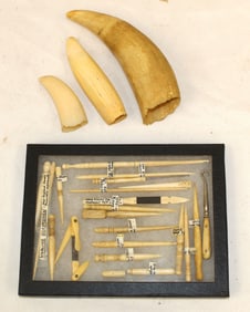 Lot of antique bone items - incl 3 teeth - 3 1/2" - 6" long - case filled with sailor made