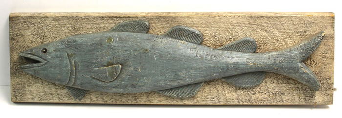 Carved wooden painted fish plaque signed on verso "Codfish #2 of 3 Chris Colby" - 10"x31"