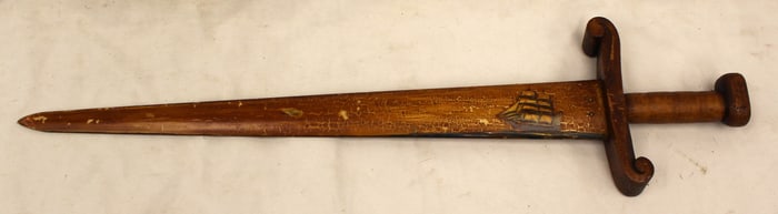 Antique swordfish sword w painted ship decoration & wooden handle - 29" long