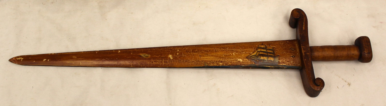 Antique swordfish sword w painted ship decoration & wooden handle - 29" long: Antique swordfish sword w painted ship decoration & wooden handle - 29" long