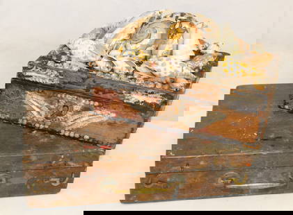 Lot of 2 interesting boxes incl a shell encrusted example 5" tall x 8" wide x 5" deep & French: Lot of 2 interesting boxes incl a shell encrusted example 5" tall x 8" wide x 5" deep & French painter's box w contents - 2 1/2" tall x 9 1/2" wide x 6" deep