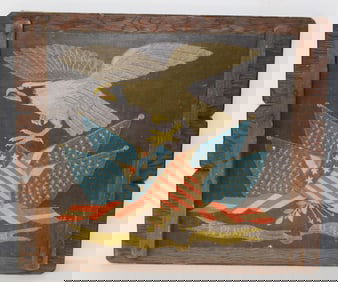ca 1920's Eagle & shield print on canvas attached to a wooden board - 20"x24"