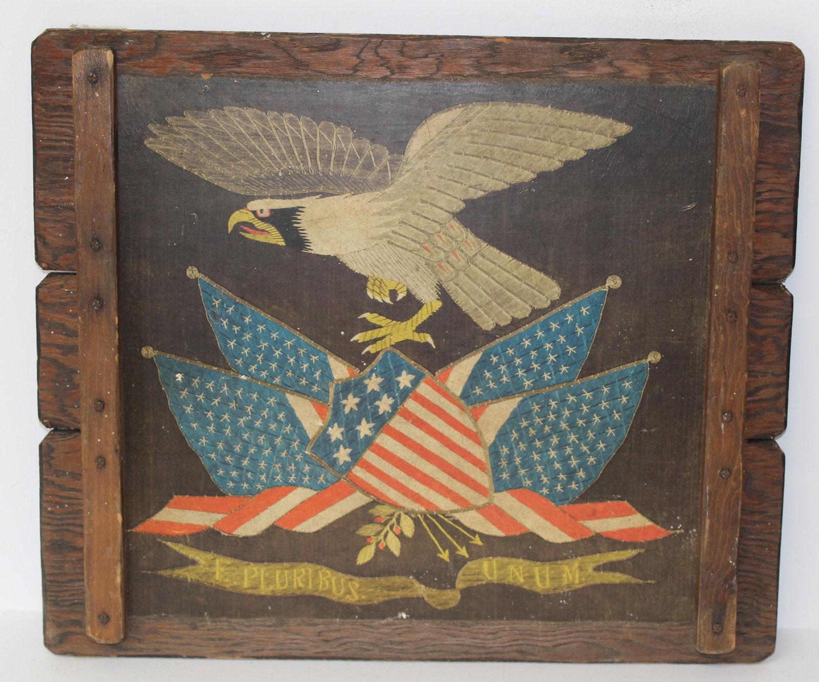 ca 1920's Eagle & shield print on canvas attached to a wooden board - 20"x24": ca 1920's Eagle & shield print on canvas attached to a wooden board - 20"x24"