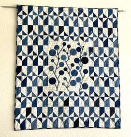 Hand quilted wall hanging "Blue Poppies" by Laure Simpson w stars motif on the other side - 46"x38"