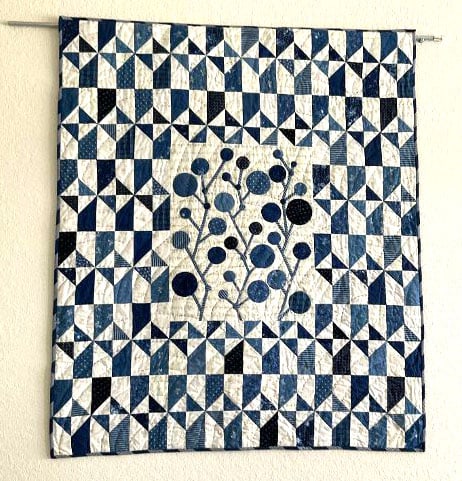 Hand quilted wall hanging "Blue Poppies" by Laure Simpson w stars motif on the other side - 46"x38": Hand quilted wall hanging "Blue Poppies" by Laure Simpson w stars motif on the other side - 46"x38"