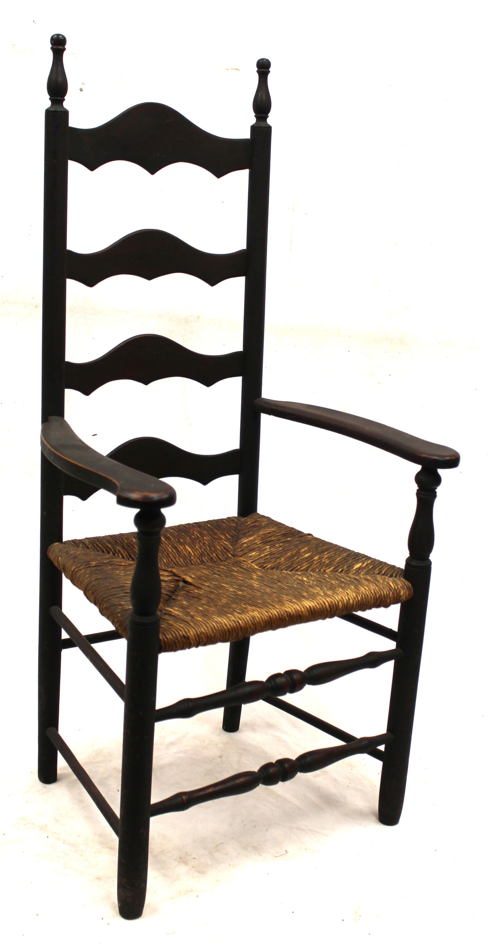 Antique Provencial ladderback armchair w rush seat in later black paint - 48" tall x 24" wide w 17": Antique Provencial ladderback armchair w rush seat in later black paint - 48" tall x 24" wide w 17" seat height