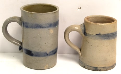 Lot of 2 antique stoneware cups w cobalt stripes - 4 1/2" & 3 3/4" tall