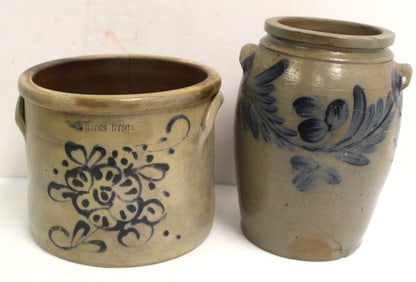 Lot of 2 antique cobalt dec stoneware items incl Whites Utica 1 gal crock & jar w vine dec - both as