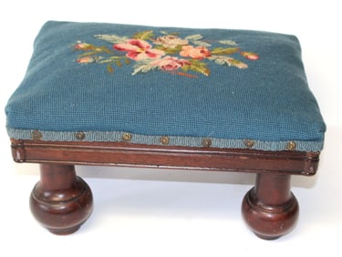 Antique needlepoint footstool - 9" tall x 16"x12"