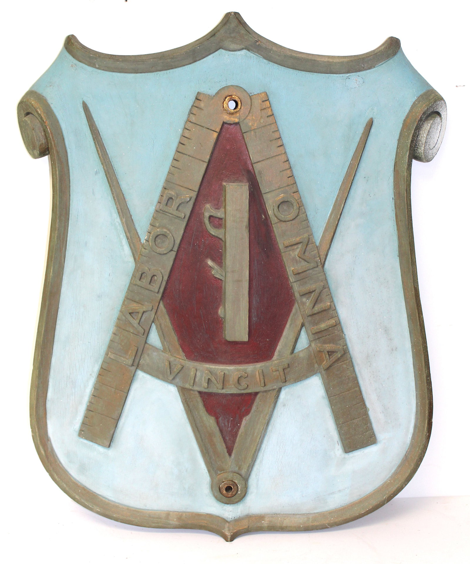 Antique hand carved wooden painted sign from The Carpenter's union Local #543 (International: Antique hand carved wooden painted sign from The Carpenter's union Local #543 (International Brotherhood of Carpenters and Joiners) in Mamaroneck, NY - 30 1/2" tall x 24 1/2" wide