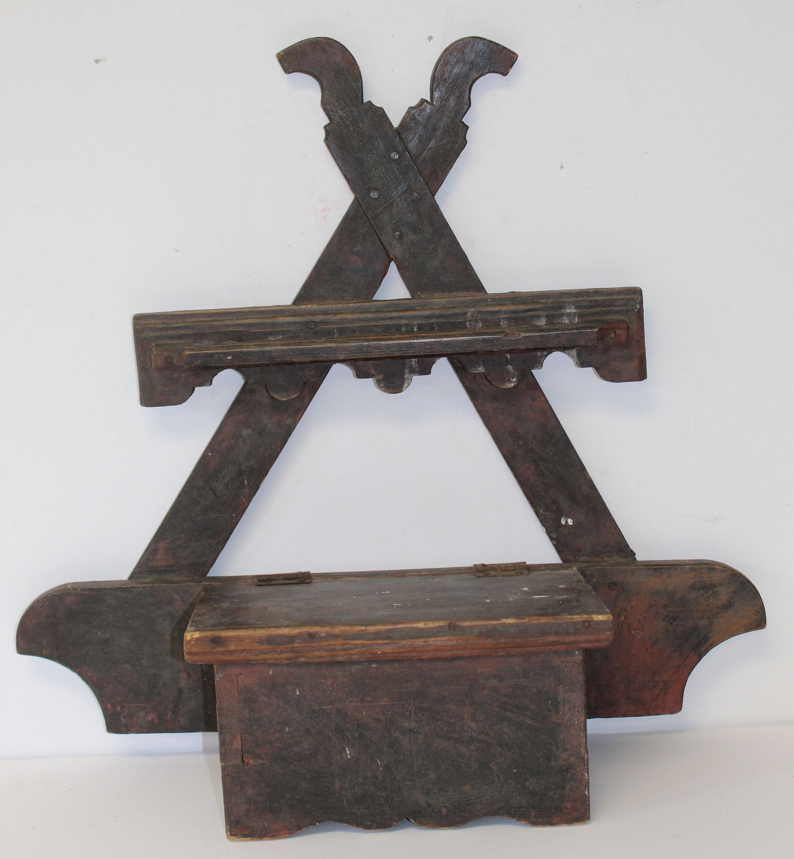 Interesting form 19thC wall box in red paint - 23" tall x 21" x 6" (1 of 9)