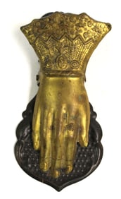 Small antique tin & sheet brass hand form clip - 5 1/2" tall x 2 1/2" wide