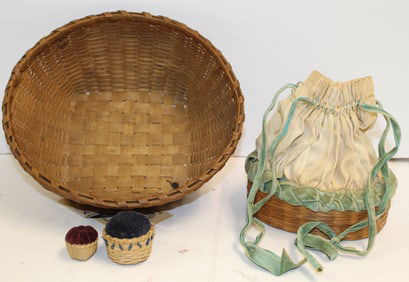 Lot of 4 sewing related baskets incl "Nellie" 3 1/2"x9" diam; Kennedy & Russo pin cushions 1" & 1