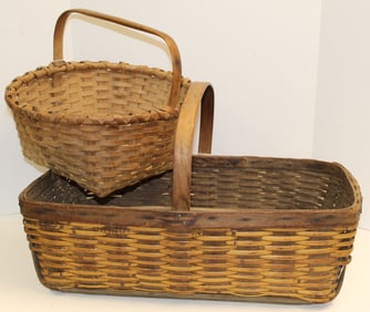 Lot of 2 fixed handled baskets incl a split bamboo market weaver's 14 1/2"x25 1/2" x 15 1/2" & a