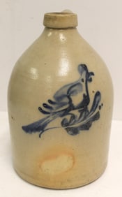 Antique stoneware jug w cobalt bird dec - 12" tall