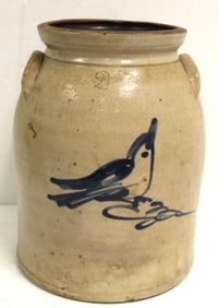 Antique 2 gal stoneware jar w cobalt dec bird dec - 11 1/2" tall x 6 1/2" diam