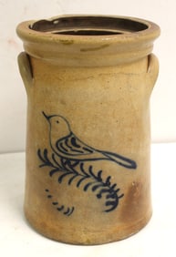Antique stoneware table churn w cobalt bird dec - 10 1/2" tall x 7 1/2" diam