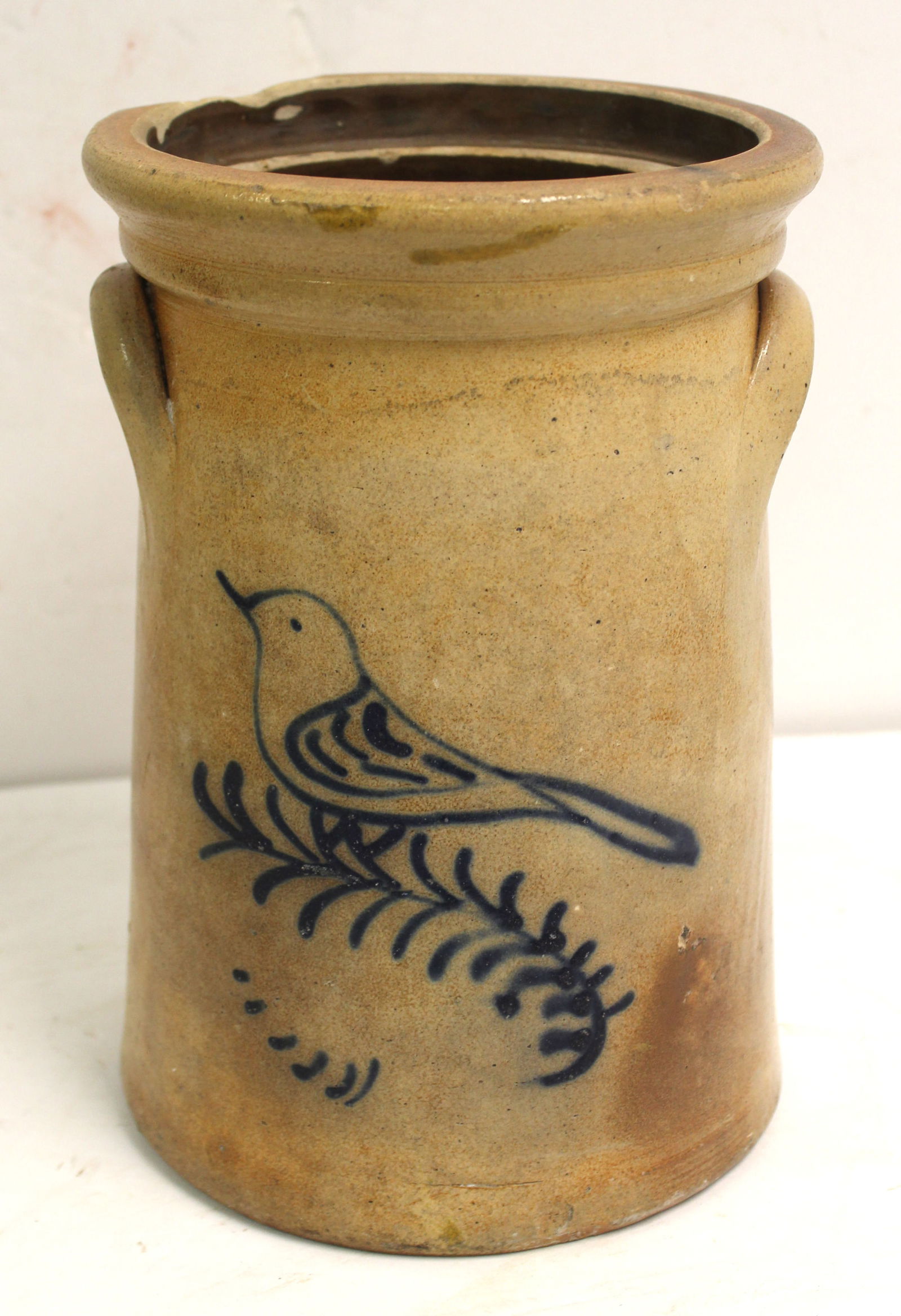 Antique stoneware table churn w cobalt bird dec - 10 1/2" tall x 7 1/2" diam (1 of 8)