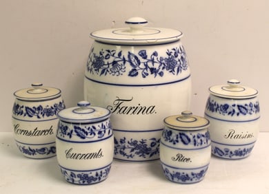 Set of 6 German blue & white porcelain cannisters - Farina, Cornstarch, Currants, Raisins, Rice &