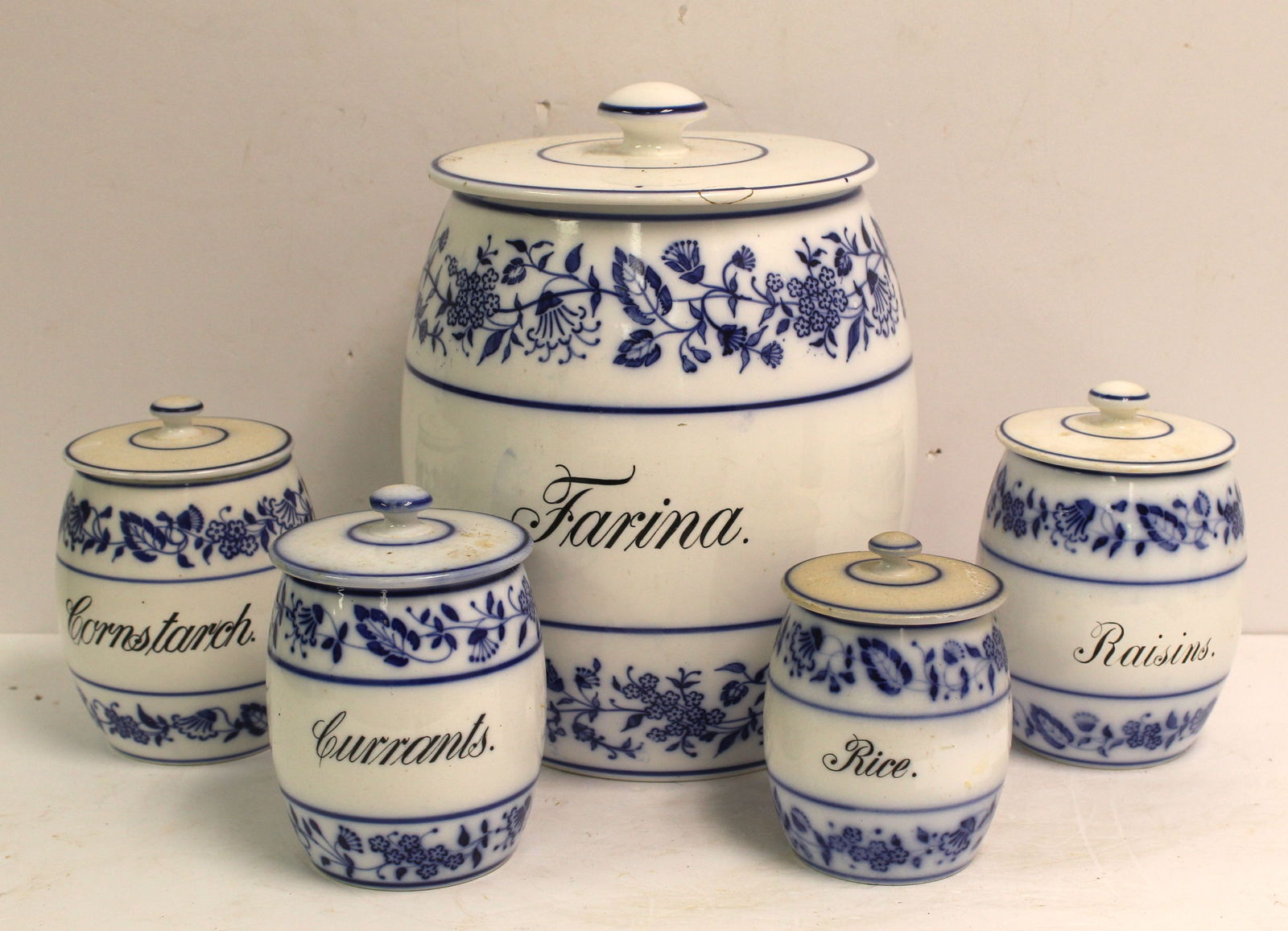Set of 6 German blue & white porcelain cannisters - Farina, Cornstarch, Currants, Raisins, Rice & (1 of 14)