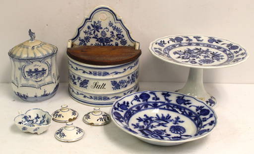 Lot of blue & white porcelain incl German salt box, Meissen plate, cake stand & leaf dish; German: Lot of blue & white porcelain incl German salt box, Meissen plate, cake stand & leaf dish; German covered jar plus 3 small lids - 2 1/2"- 9" tall