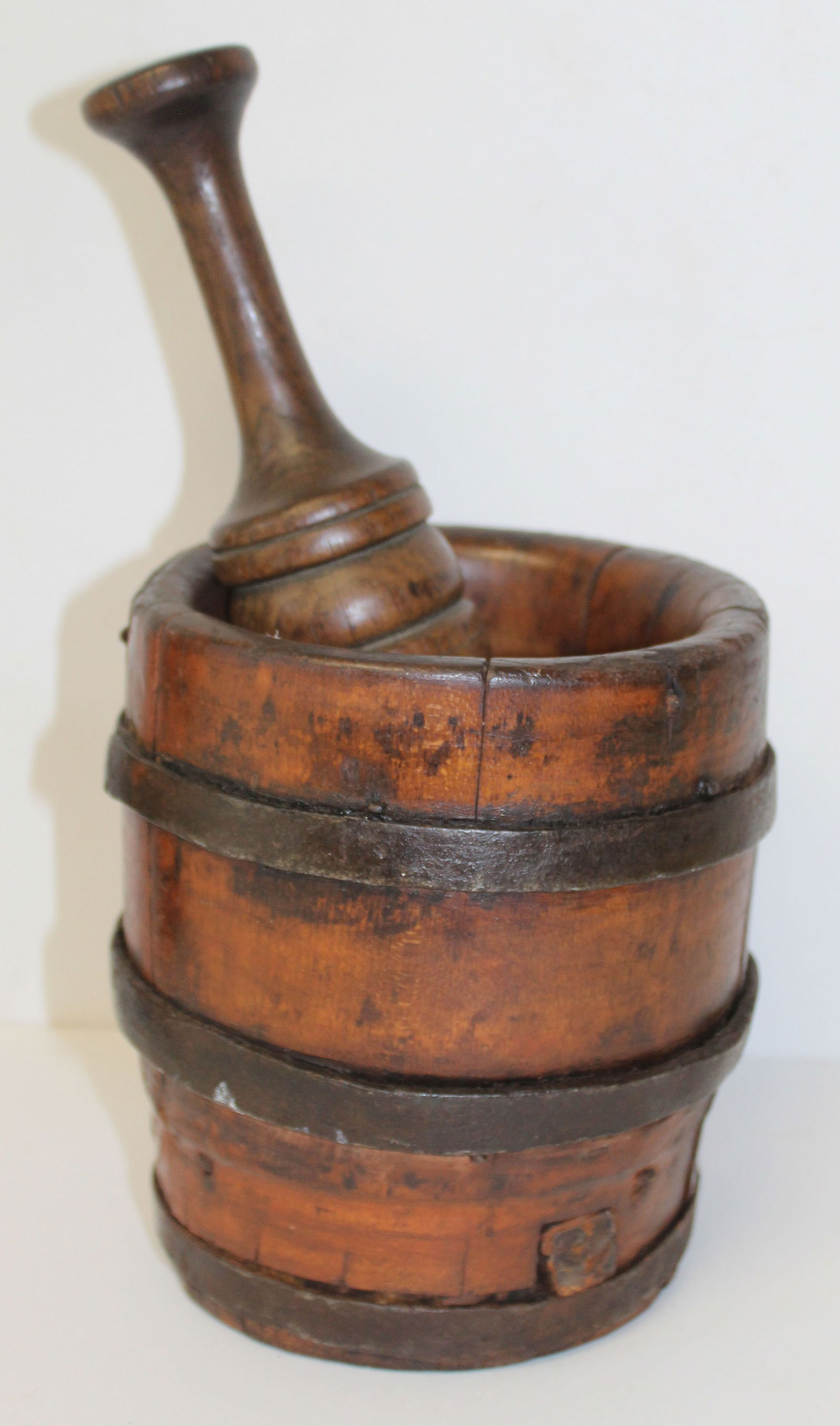 Antique wooden mortar & pestle w make-do wrought iron repairs/bands - 7"x5 1/2" diam w 9 1/2" pestle (1 of 5)