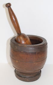 Antique wooden mortar & pestle w make-do wrought iron repairs/bands - 6"x5 1/2" diam w 10 1/2"
