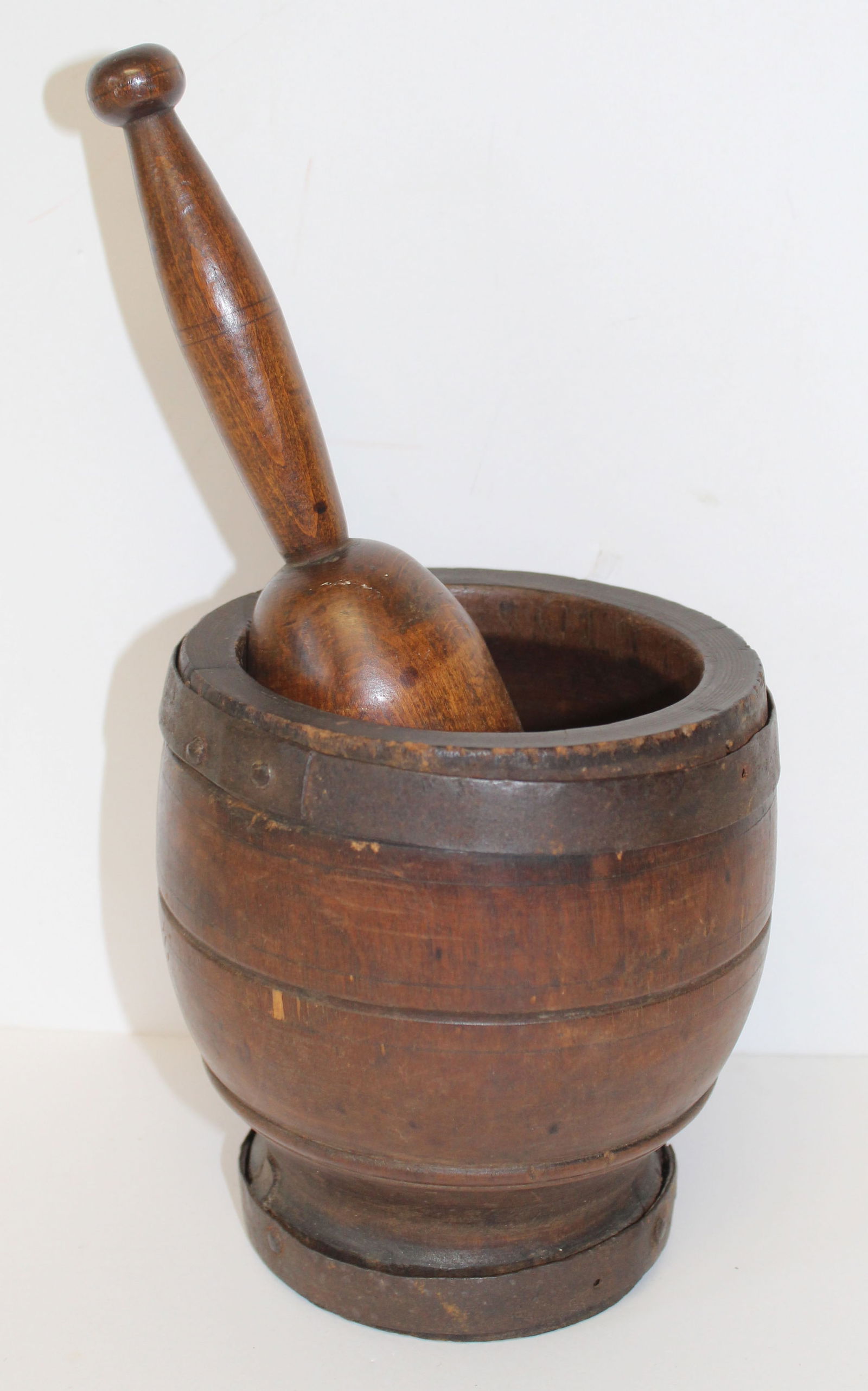 Antique wooden mortar & pestle w make-do wrought iron repairs/bands - 6"x5 1/2" diam w 10 1/2": Antique wooden mortar & pestle w make-do wrought iron repairs/bands - 6"x5 1/2" diam w 10 1/2" pestle