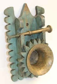 Wooden painted blue rack holding a brass mortar & pestle - 13 1/2" tall x 8" wide x 4" deep