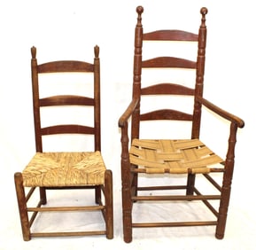 Lot of 2 ladderback chairs in red paint - 38" & 46" tall