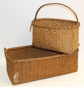 Lot of 2 large baskets incl a plank market basket w wrapped ears & a fixed handled gathering basket