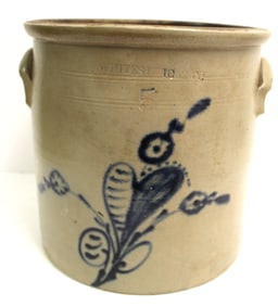 Whites Utica NY 5 gal antique stoneware crock w heart swirl cobalt dec - 12 1/2" tall x 12 1/2" diam
