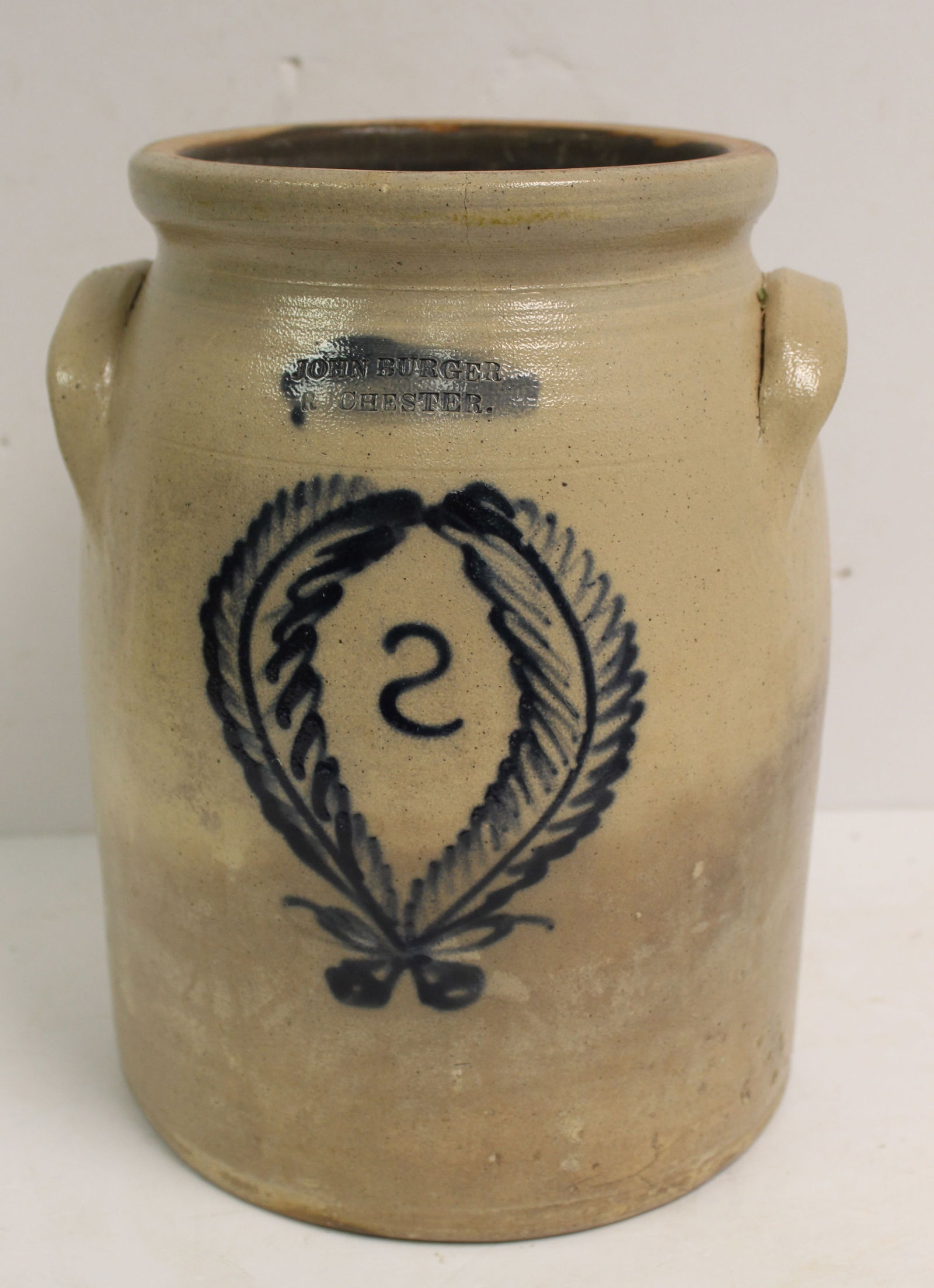 John Burger, R Chester 2 gal antique stoneware jar w cobalt wreath dec - 11 1/2" tall x 7 1/2" diam (1 of 7)
