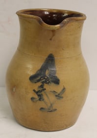 Antique stone pitcher w cobalt dec - 10 1/2" tall x 6 1/2"